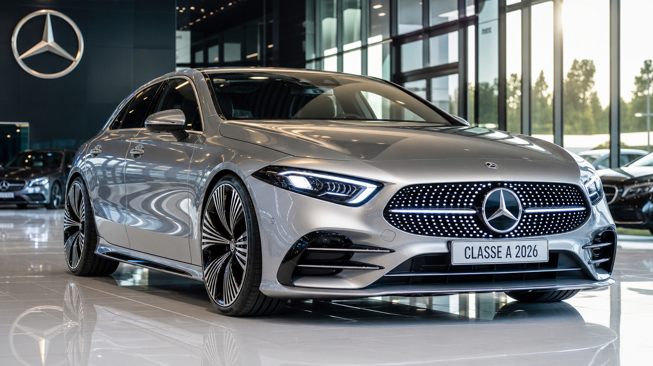 Carro prata Mercedes-Benz Classe A 2026 em showroom com iluminação natural e logo Mercedes ao fundo.