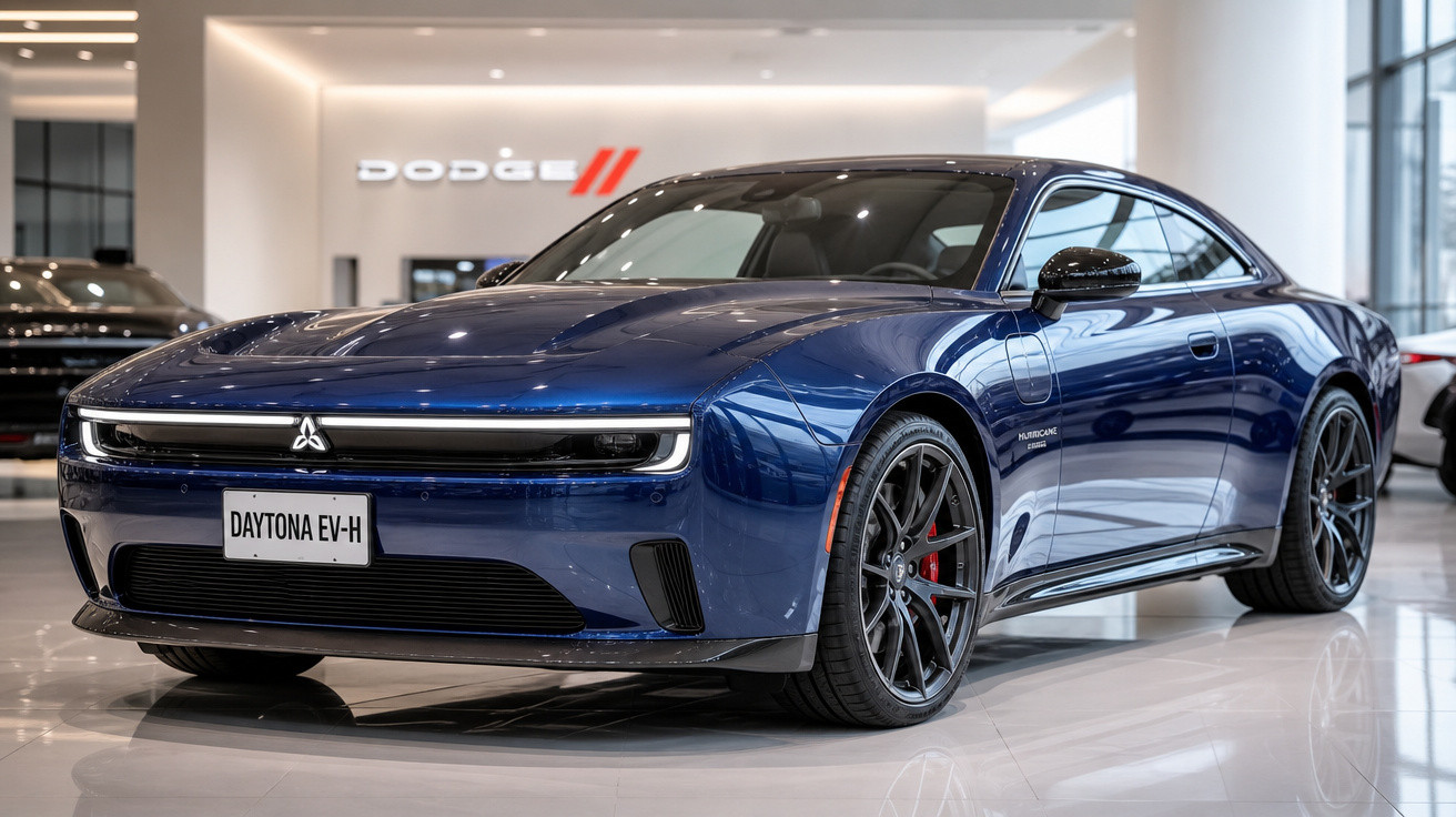 Carro elétrico esportivo azul Daytona EV-H em showroom moderno com piso brilhante e iluminação elegante.