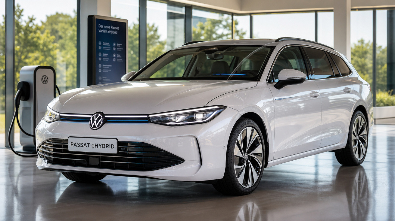 Carro Mercedes Benz Passat eHYBRID branco estacionado em showroom próximo a estação de recarga elétrica.