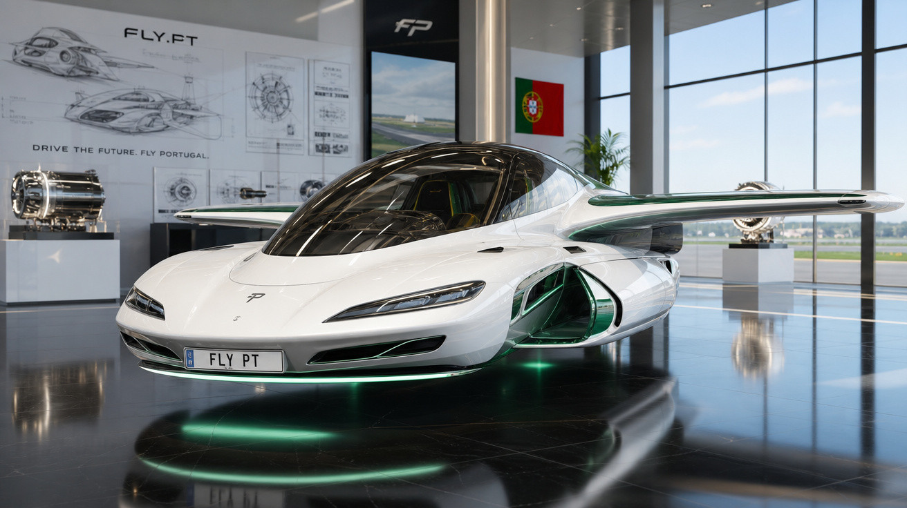 Carro voador branco futurista com asas, em exposição em ambiente moderno com bandeira de Portugal.