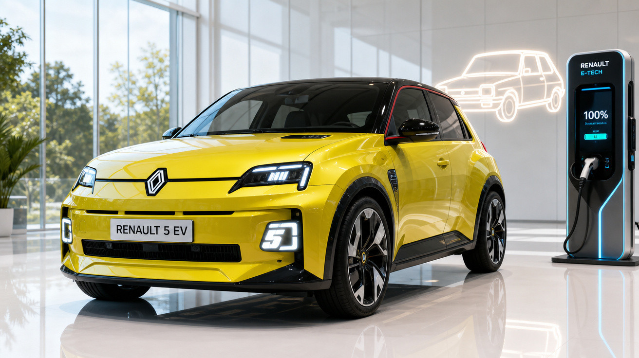 Carro elétrico Renault 5 EV amarelo em showroom ao lado de estação de recarga com 100% de bateria.