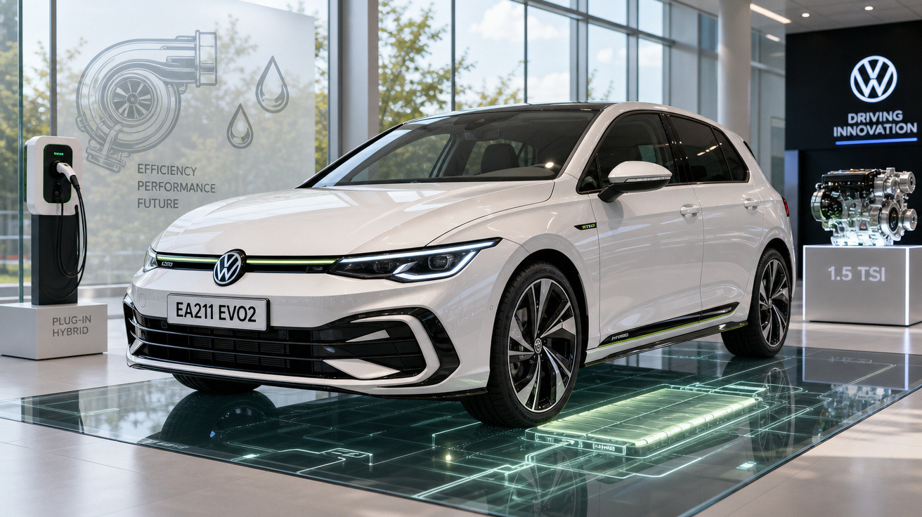 Carro elétrico branco da Volkswagen em exposição, com carregador plug-in híbrido ao lado.