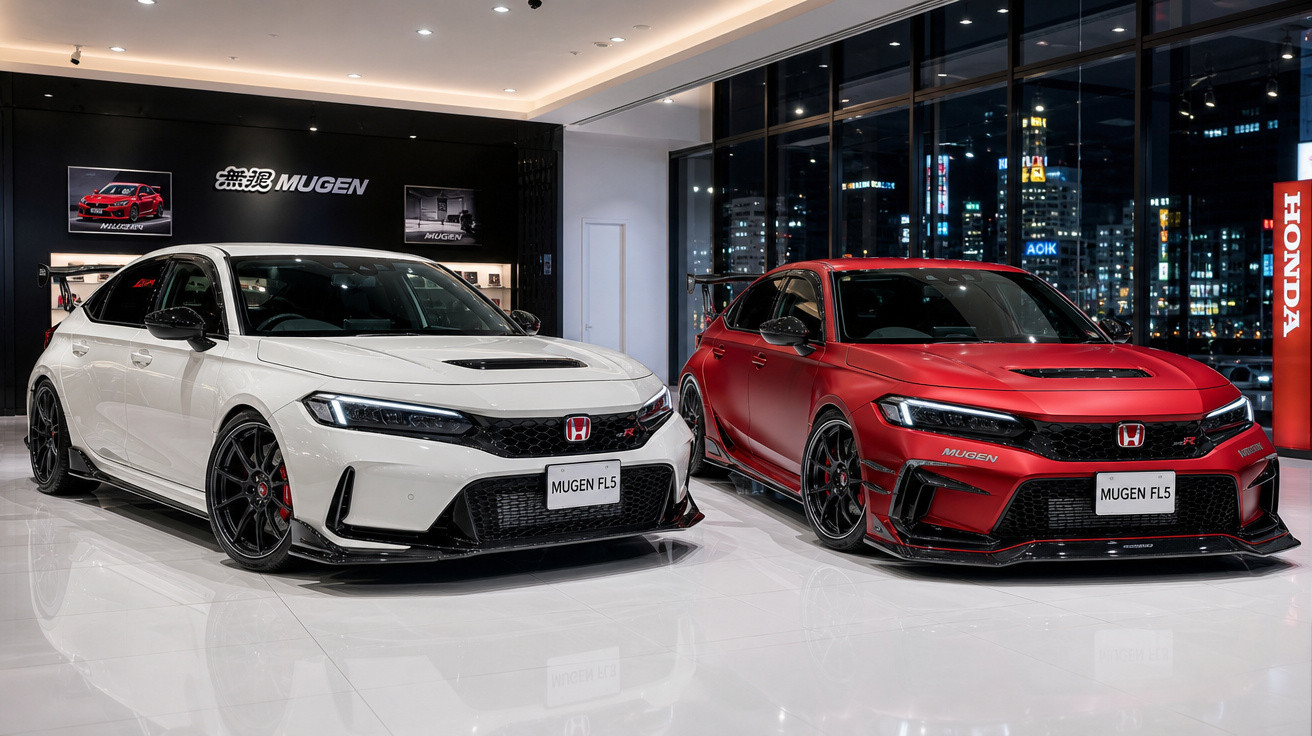 Dois carros Honda Mugen FL5, um branco e um vermelho, expostos em showroom moderno à noite.