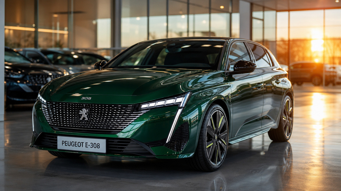 Carro hatchback verde Peugeot e-308 estacionado em showroom com luz do sol entrando pelas janelas.