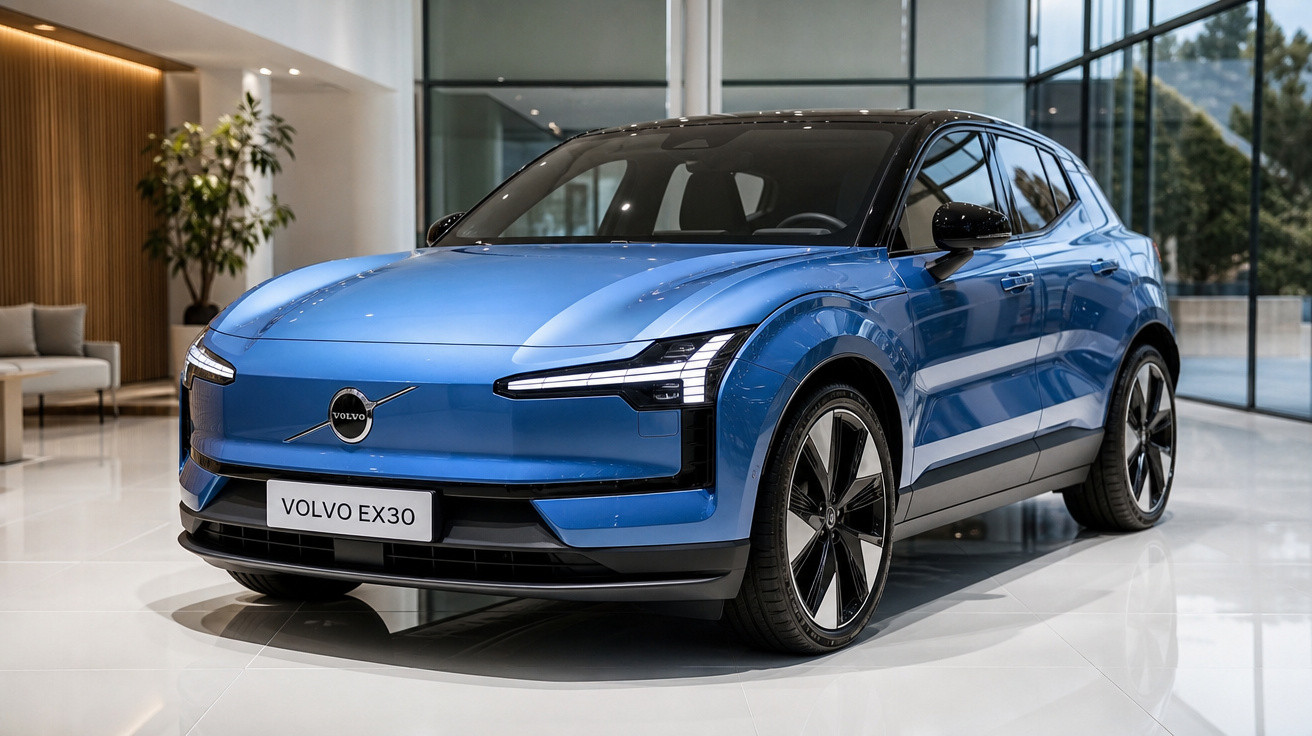 Carro elétrico Volvo EX30 azul exibido em showroom com piso branco e parede de vidro.