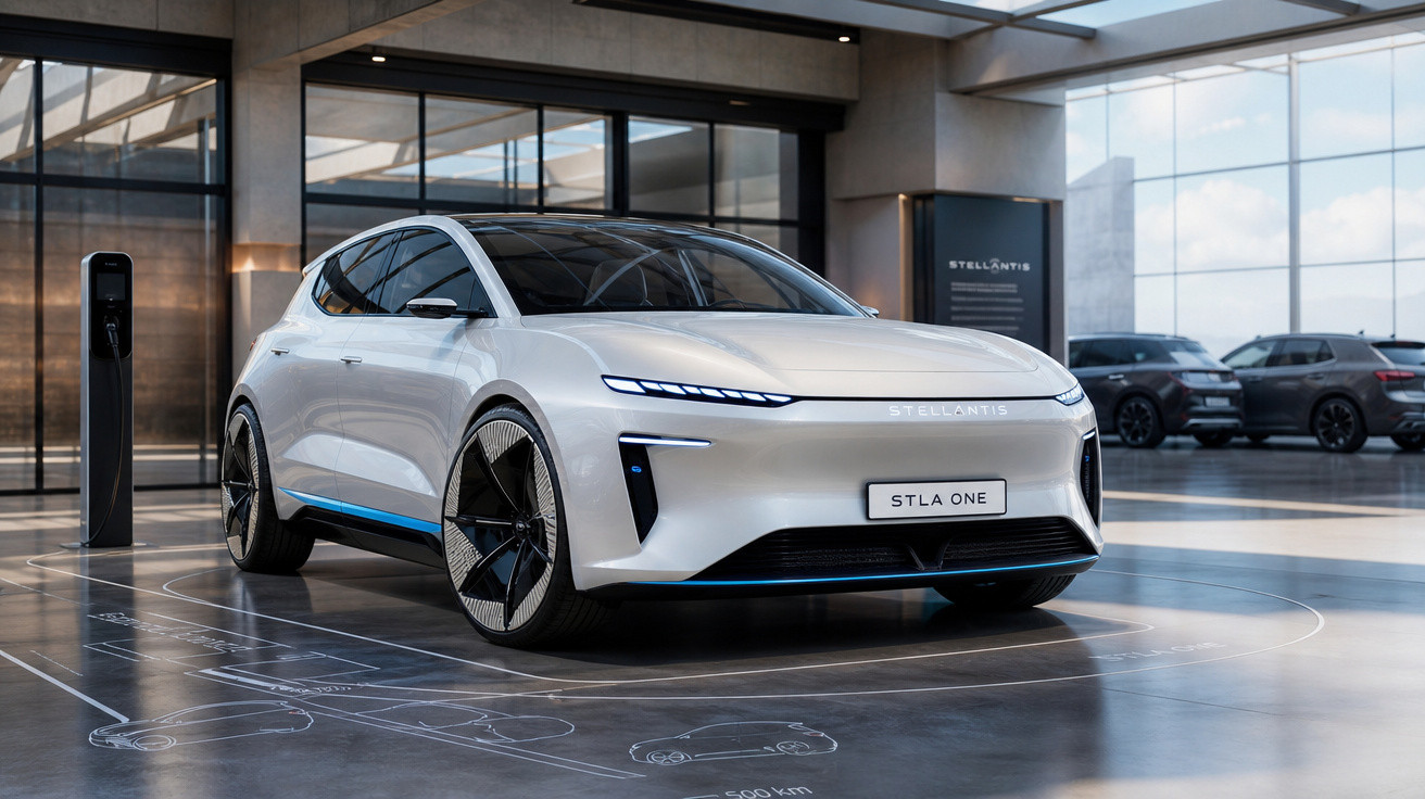 Carro elétrico branco futurista Stellantis STLA ONE em showroom moderno com pisos gráficos e luz natural.