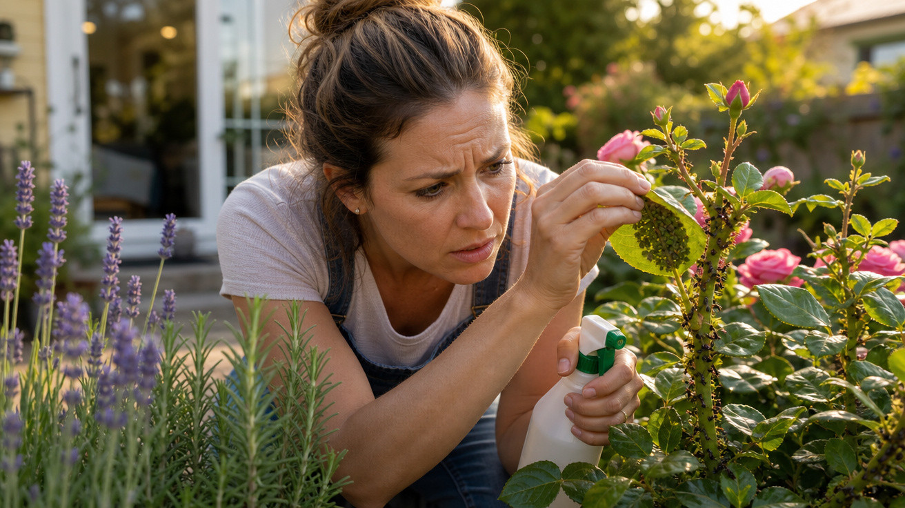 Mulher cuidando das plantas, examinando folhas com insetos e borrifador na mão em jardim ensolarado.