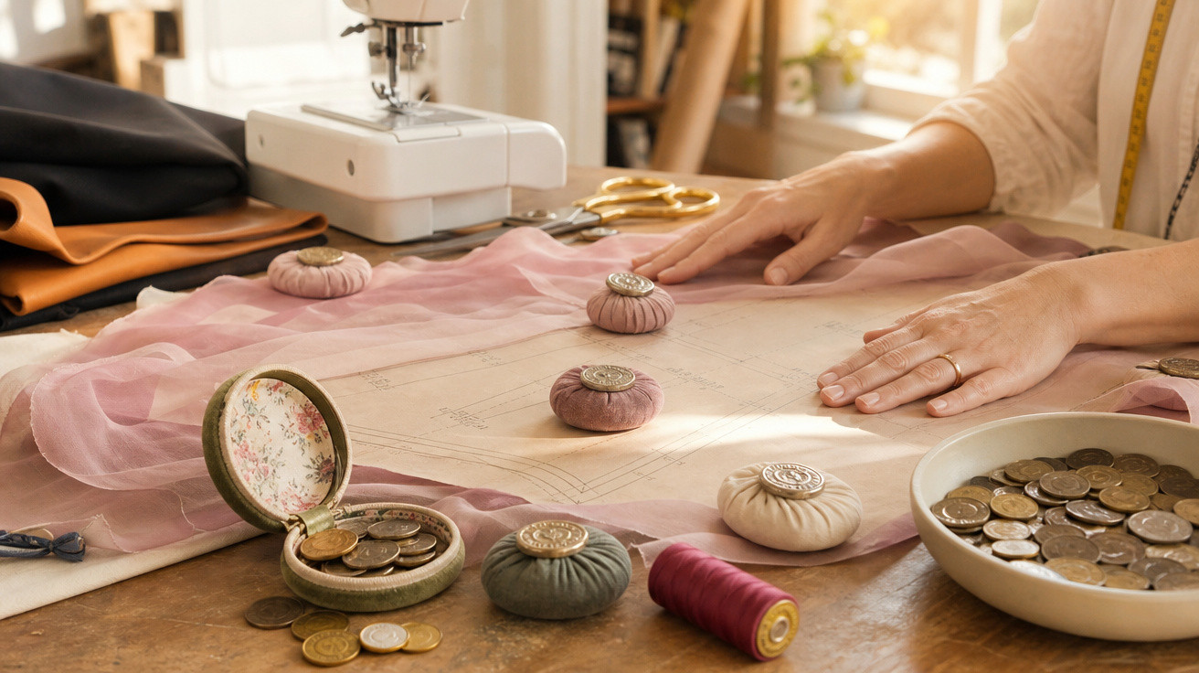 Mesa de costura com tecido, moedas, linha e mãos ajustando padrão para vestido rosa delicado.