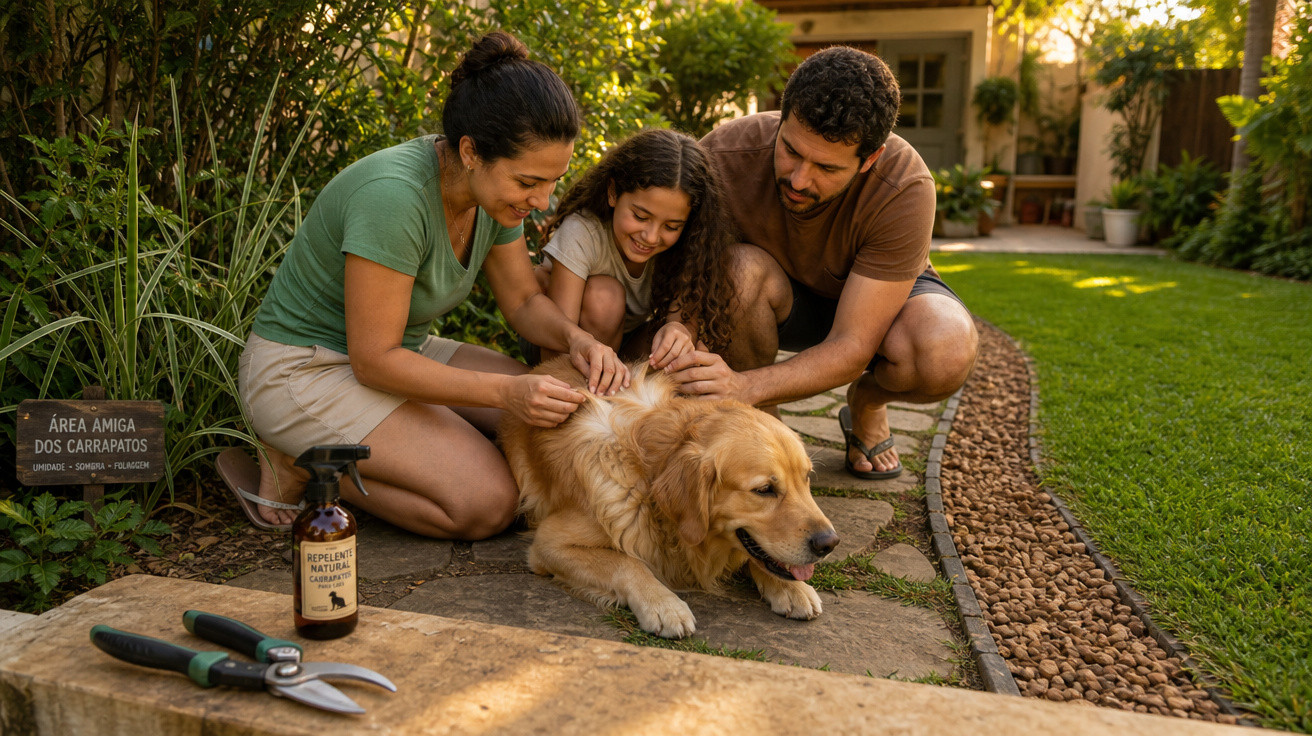 Família com mãe, pai e filha cuidam de cachorro dourado em jardim ensolarado.