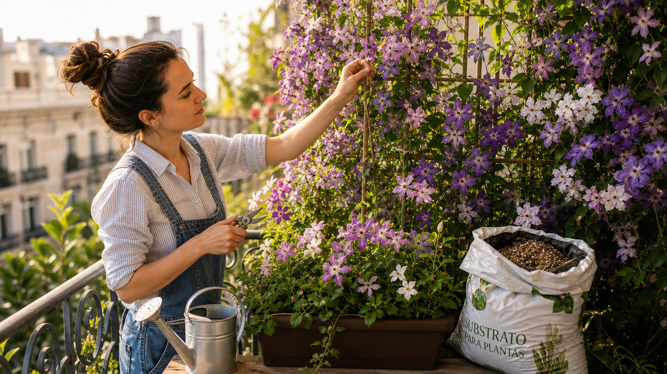Mulher cuidando de flores roxas em varanda com regador e substrato para plantas ao lado.