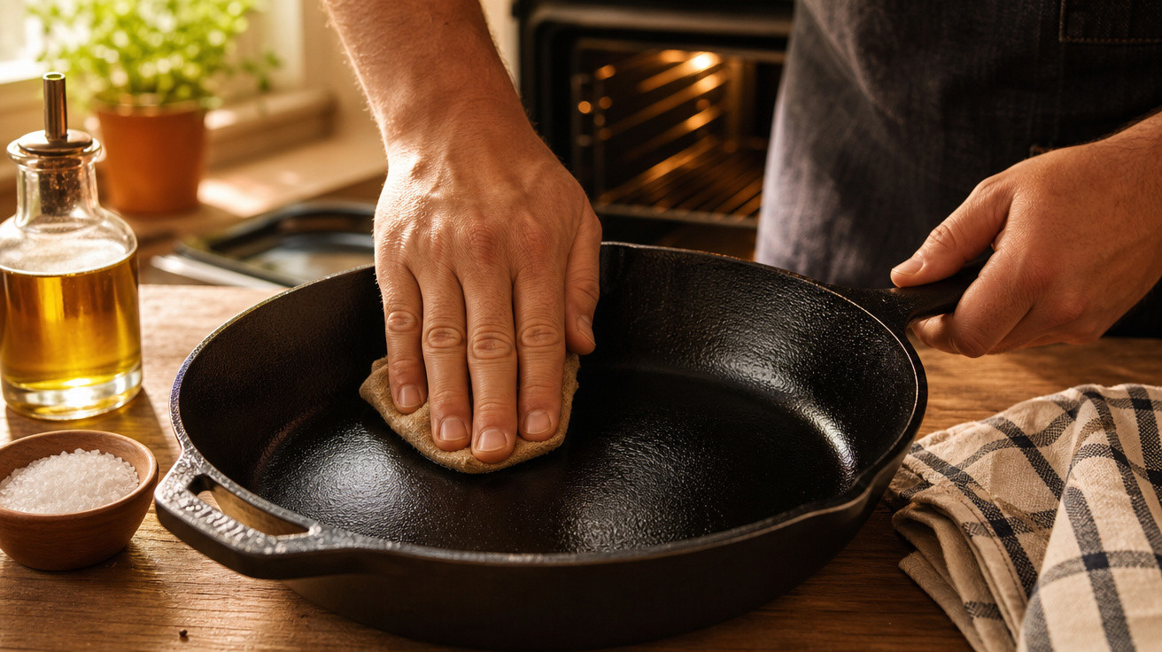 Pessoa limpando frigideira de ferro com pano em cozinha rústica, ao lado de azeite, sal e pano xadrez.