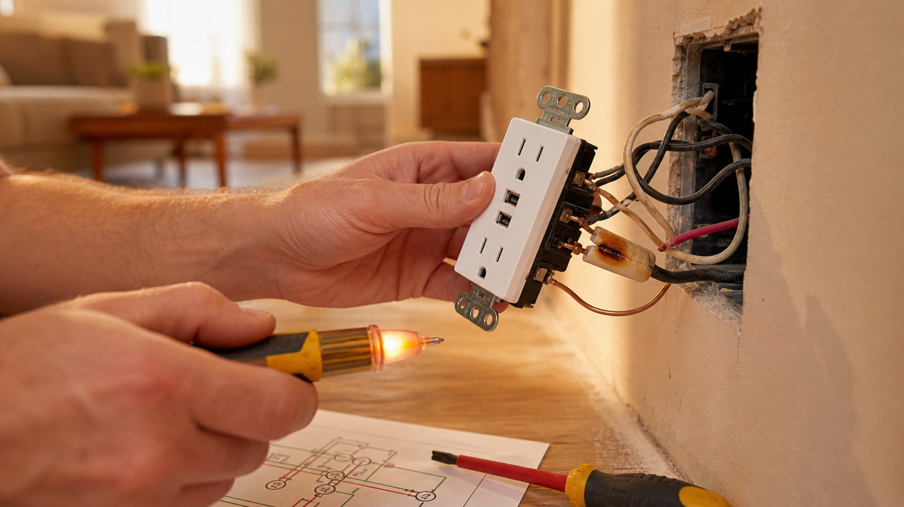 Pessoa testando uma tomada elétrica com um ferramenta de teste e esquema elétrico sobre uma superfície.