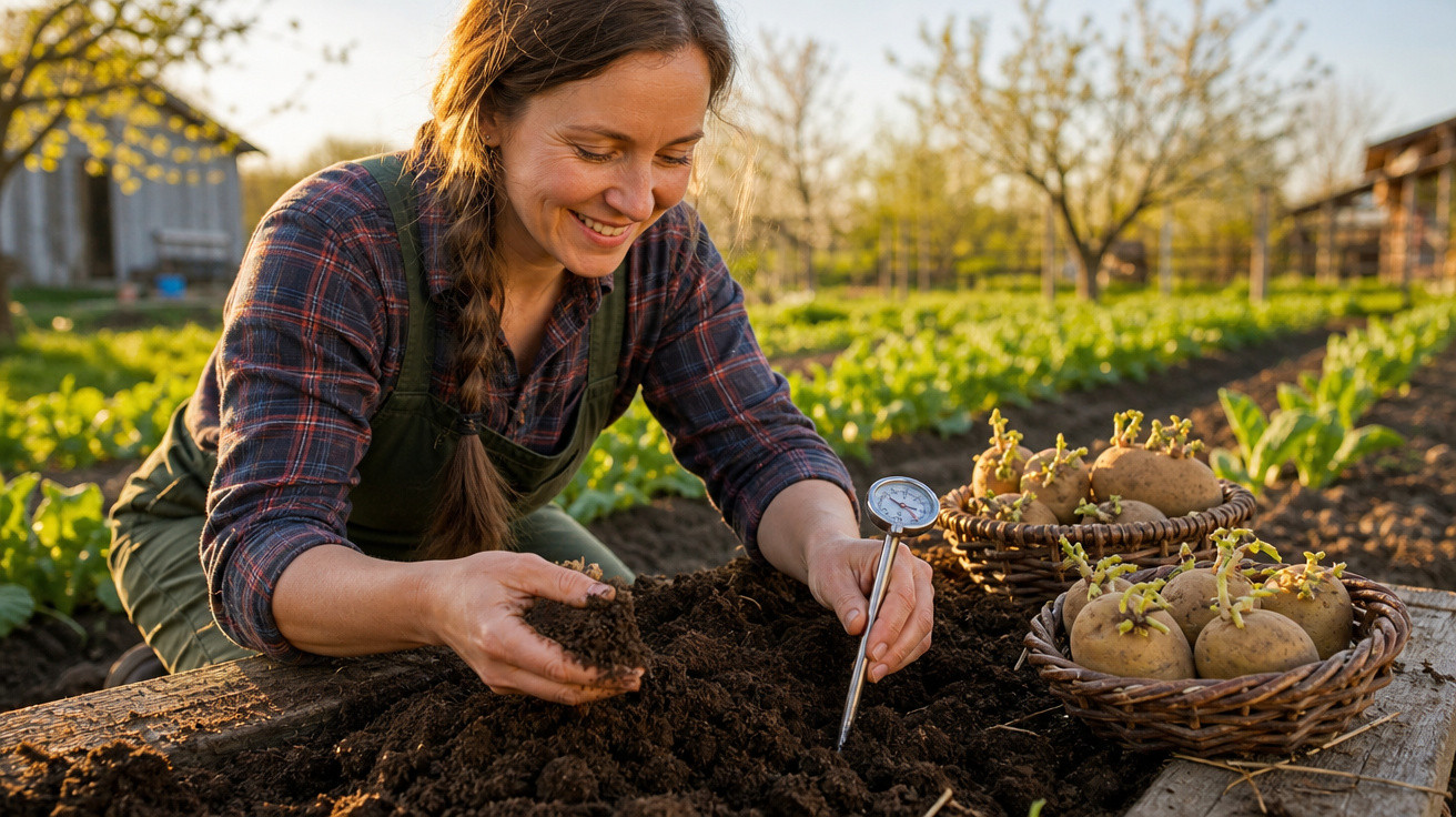 Mulher agricultora sorridente verifica temperatura do solo em horta com batatas germinadas em cestos.