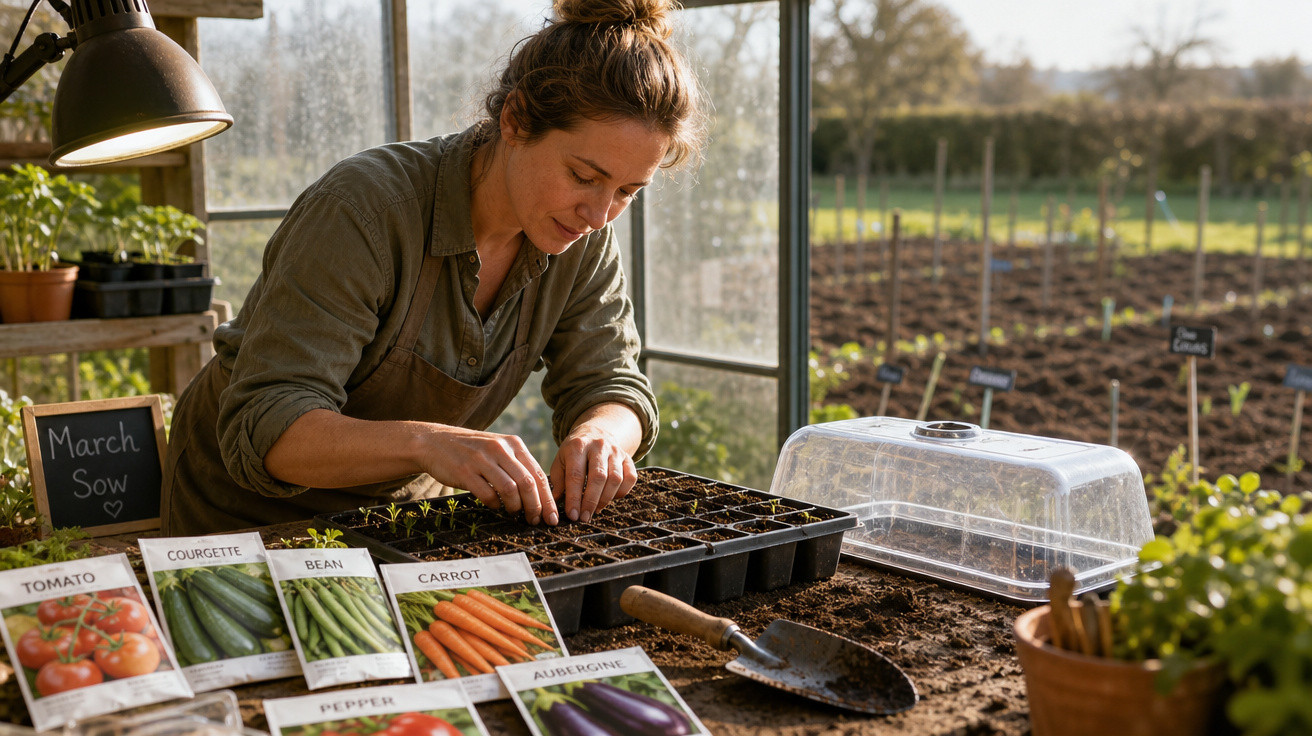 Mulher plantando sementes em estufa com pacotes de sementes e ferramentas de jardinagem ao redor.