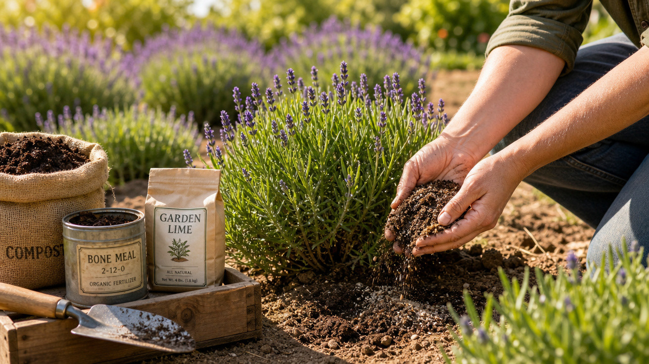 Pessoa adiciona composto no solo de jardim com lavandas e fertilizantes ao lado.