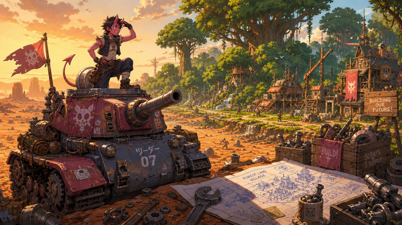 Menino com rabo e chifres observa construção de aldeia ao pôr do sol sobre tanque vermelho e planta baixa.