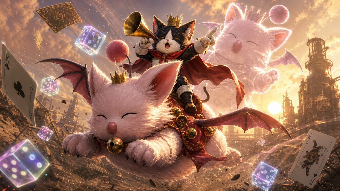 Gato com coroa e trombeta montado em criatura alada branca voando em cenário de fantasia com cartas e dados flutuantes.