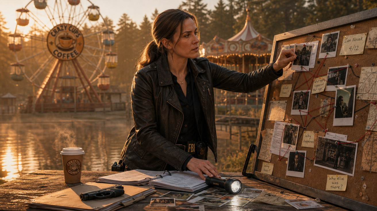 Mulher analisando quadro de investigação com fotos e anotações em parque ao entardecer.