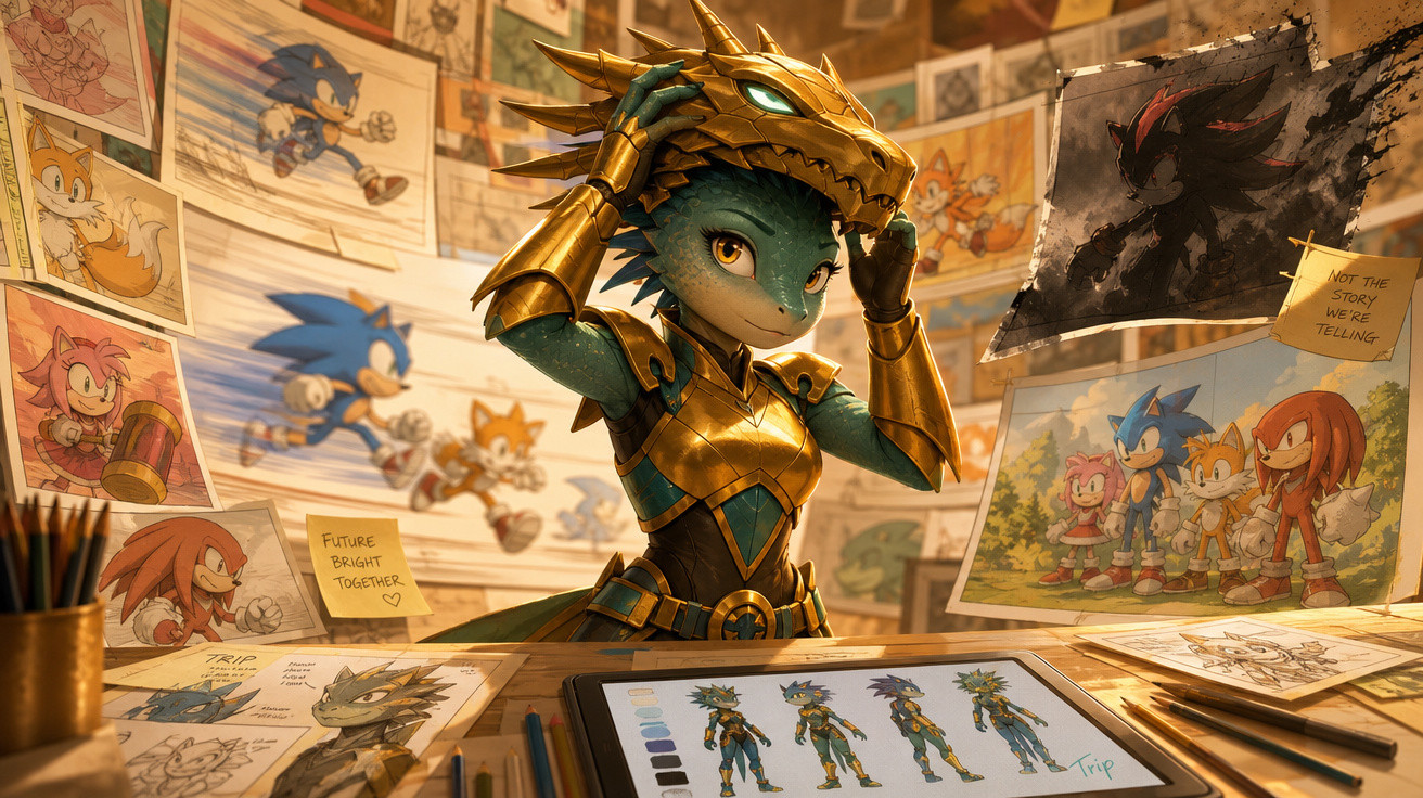 Personagem verde com armadura dourada coloca capacete de dragão em sala com desenhos do universo do Sonic.