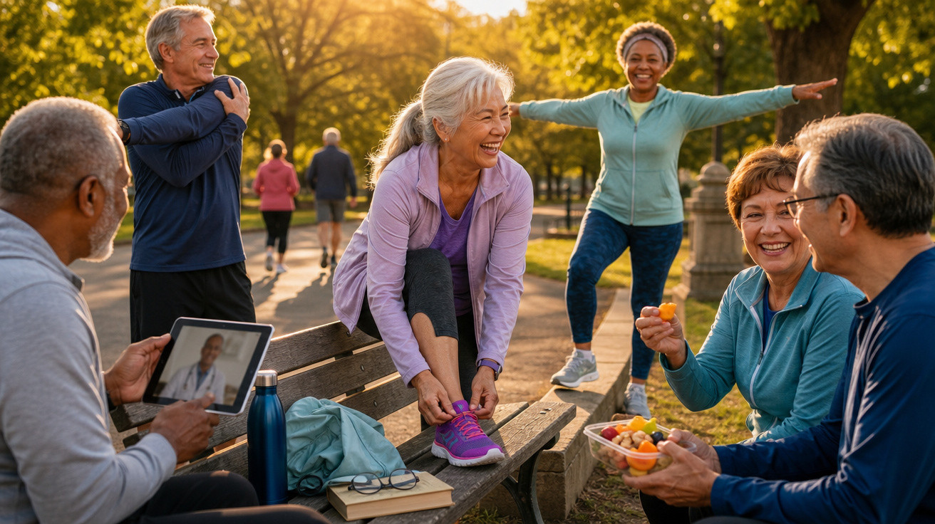 Grupo de idosos fazendo exercícios e se divertindo em parque ao amanhecer.
