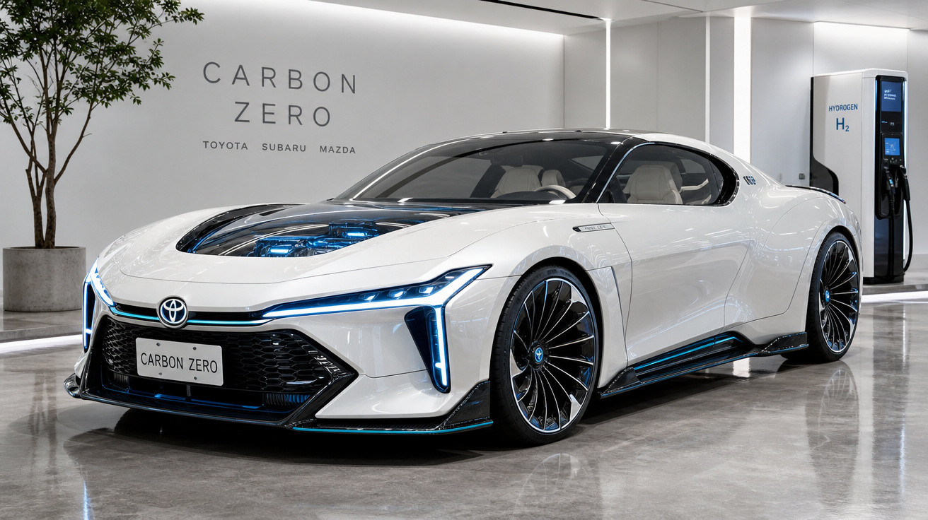 Carro elétrico esportivo branco da Toyota exibido em showroom moderno com estação de hidrogênio ao fundo.