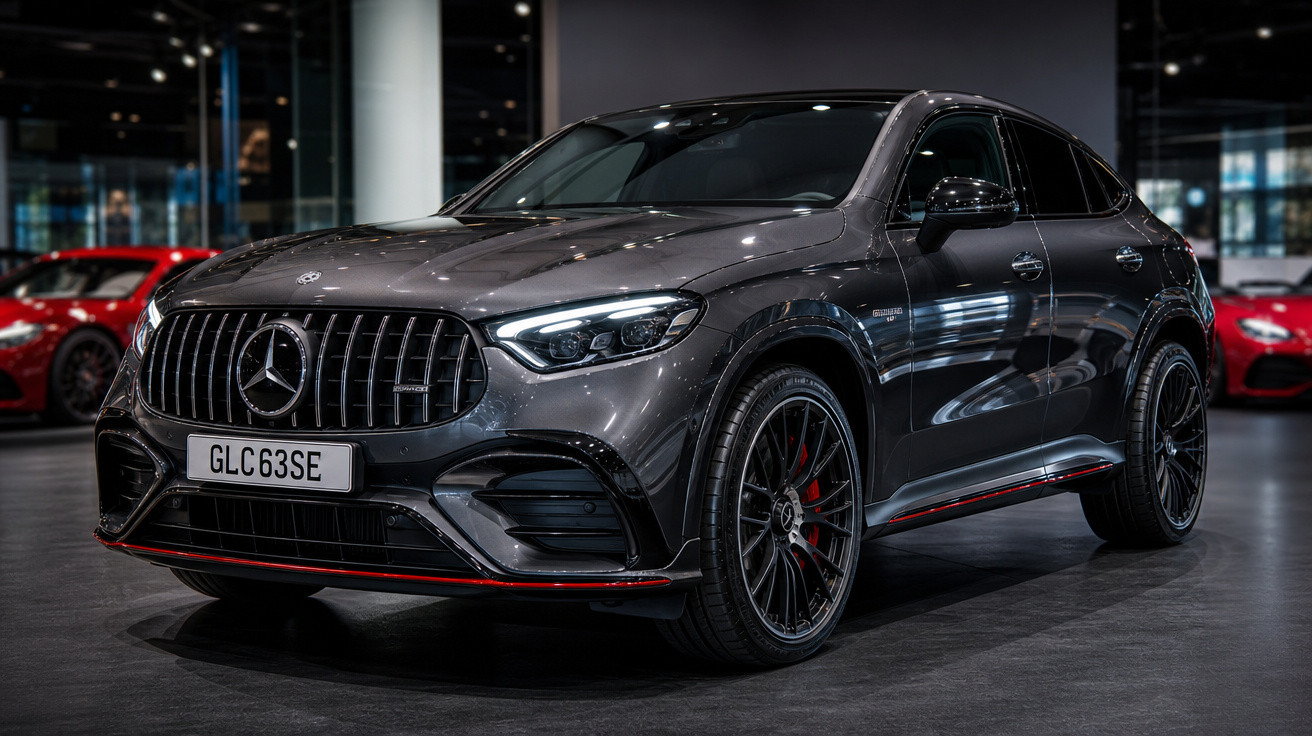 Mercedes-Benz GLC 63 S Coupé cinza escuro estacionado em showroom moderno.