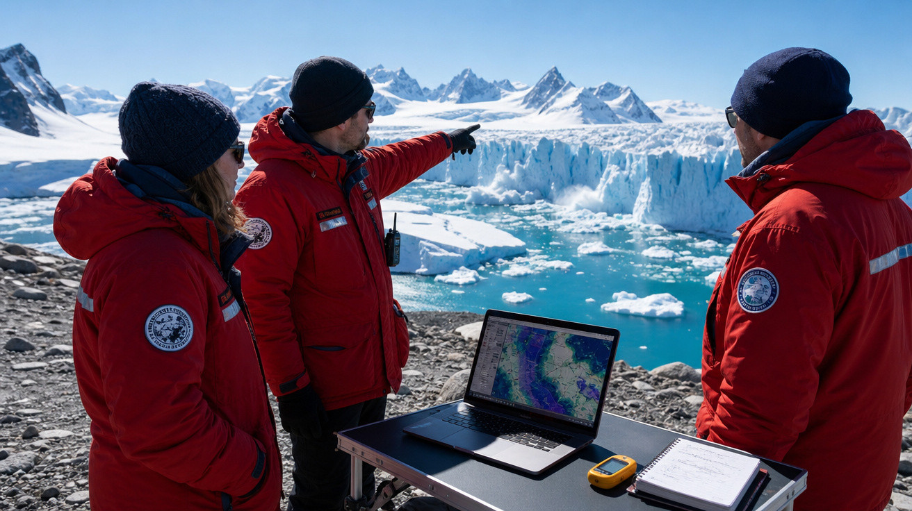 Três cientistas com casacos vermelhos observam geleira e icebergues na Antártida com laptop e equipamentos.