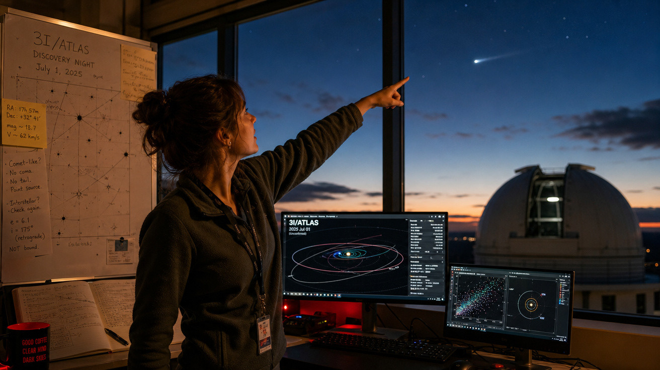 Mulher aponta para cometa no céu ao entardecer em observatório com computadores e quadro branco ao redor.