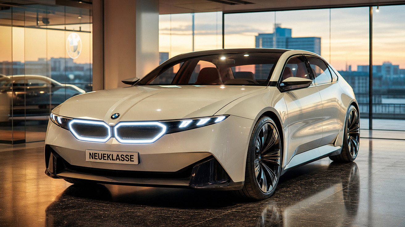 Carro elétrico BMW branco modelo NeueKlasse exibido em showroom moderno ao entardecer.