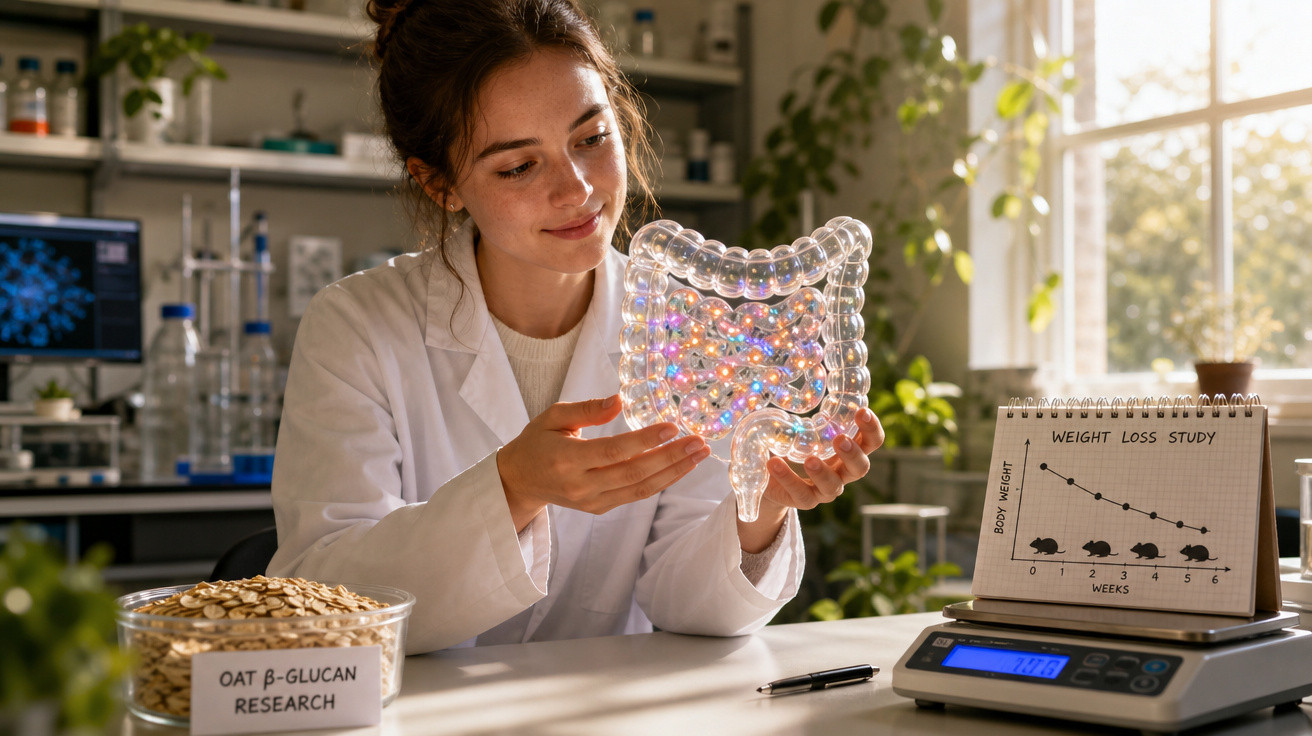 Mulher cientista com jaleco segurando modelo iluminado do intestino em laboratório de pesquisa alimentar.