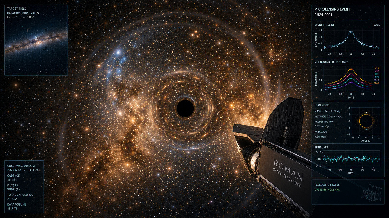 Representação do telescópio espacial Roman observando um buraco negro com gráficos e dados astronômicos ao redor.