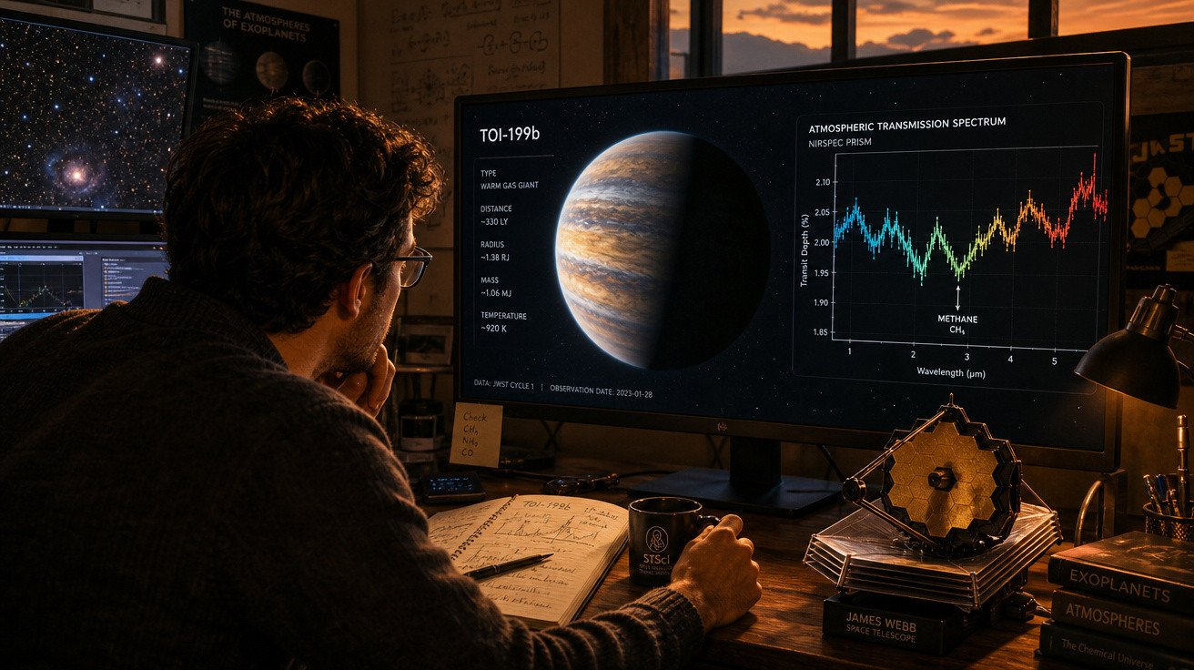 Homem analisando dados astronômicos e imagem de planeta gigante gasoso TOI-199b em monitor.
