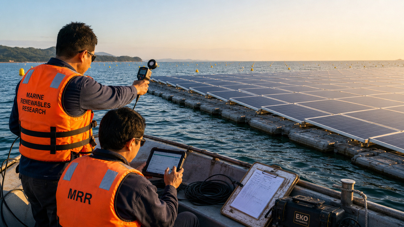 Pesquisadores em colete laranja em barco analisam painel solar flutuante no mar ao pôr do sol.