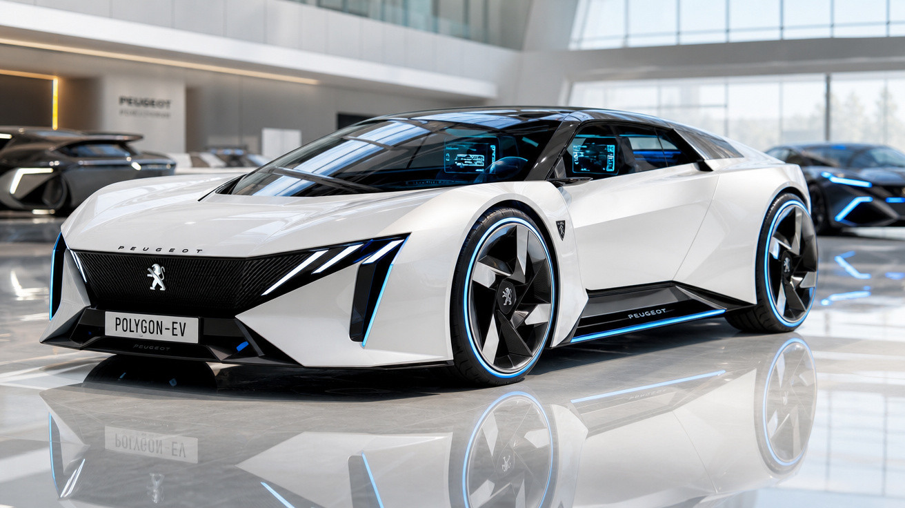 Carro esportivo elétrico branco Peugeot Polygon-EV em exposição em showroom moderno.