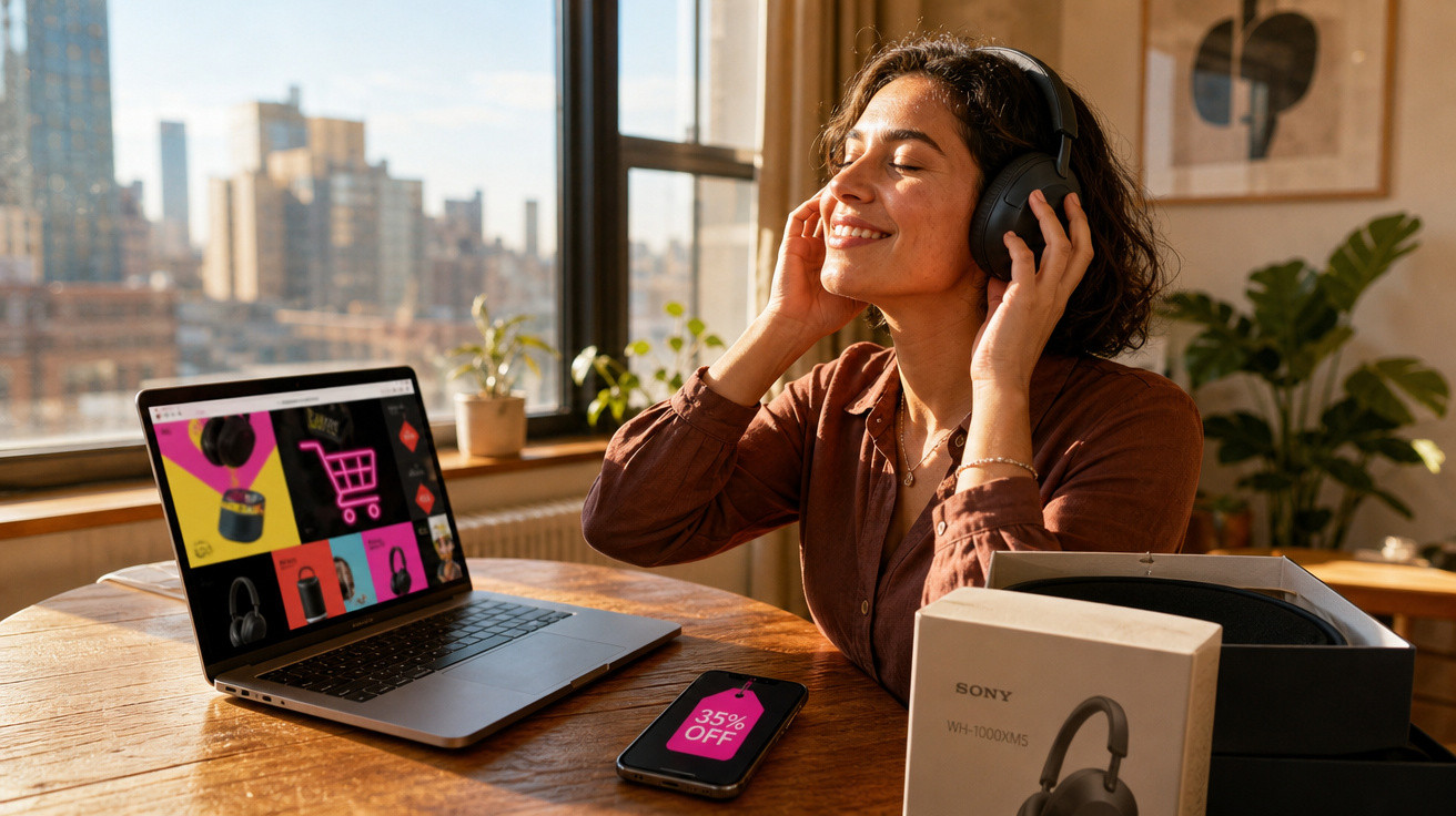 Mulher com fones de ouvido em casa, sorrindo, com laptop, celular e caixa de fone na mesa.