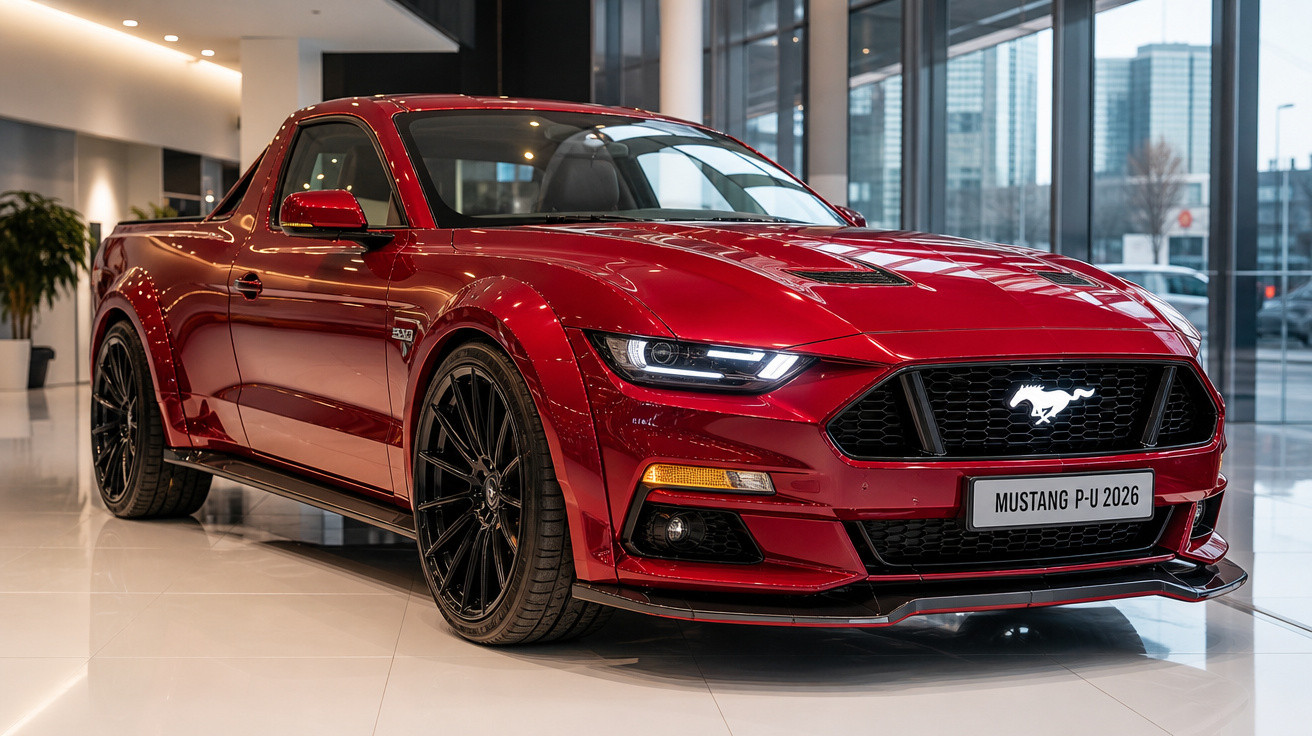 Picape esportiva Ford Mustang vermelha estacionada em showroom moderno com piso branco.