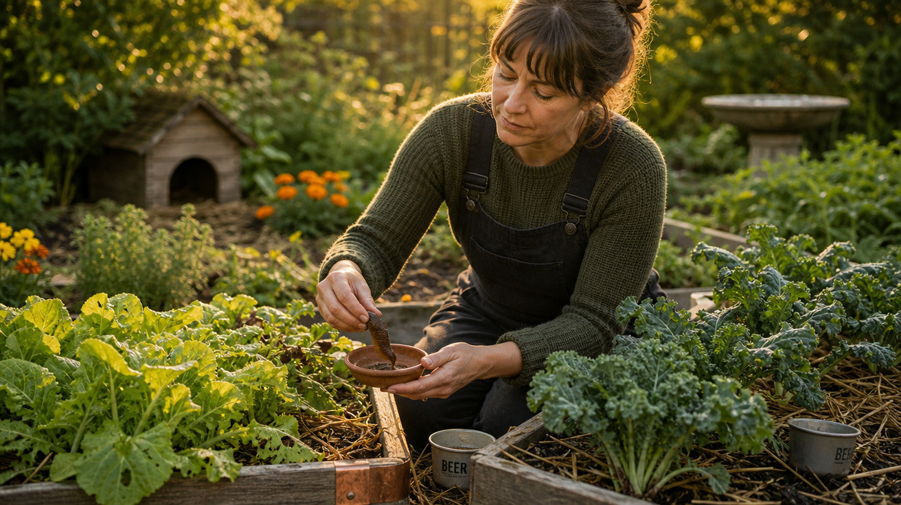 Mulher regando plantas em canteiros elevados de hortaliças em jardim ao ar livre ao pôr do sol.
