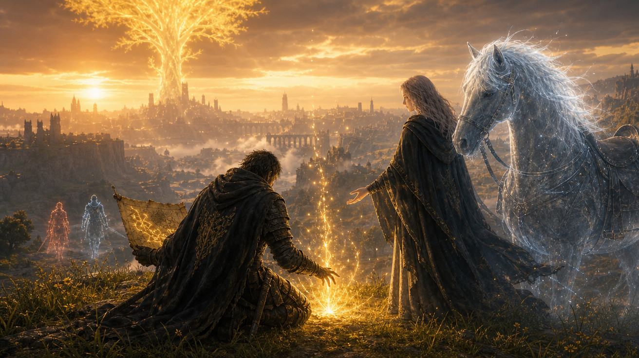 Cena de fantasia com duas figuras sombrias perto de uma luz dourada no chão, um cavalo transparente e uma árvore luminosa ao 