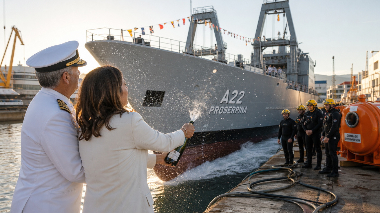 Mulher e comandante naval celebram lançamento do navio A22 Proserpina com espumante no porto.