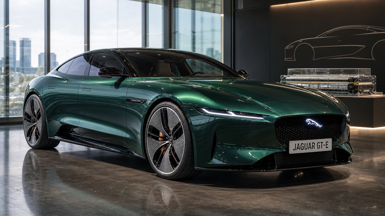Carro elétrico esportivo verde Jaguar GT-E em exibição interna com rodas modernas e teto preto.