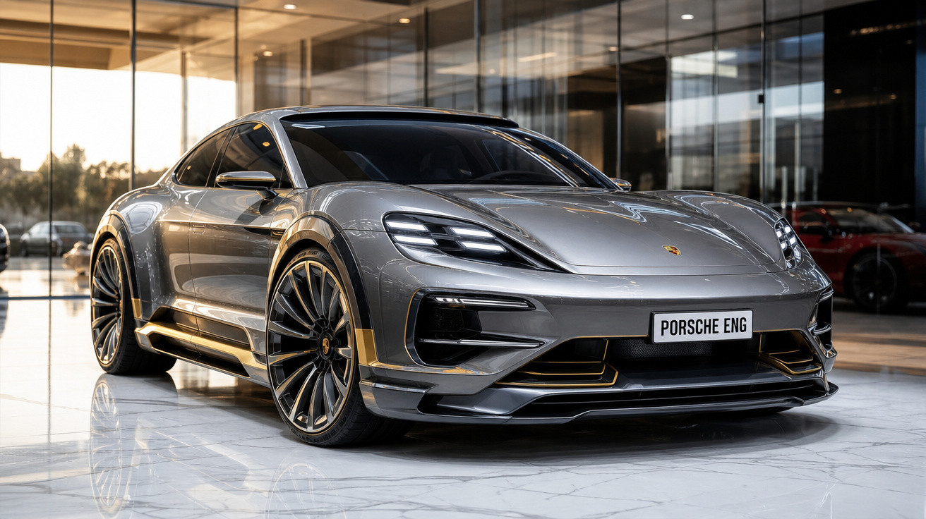 Carro esportivo Porsche cinza metálico estacionado em piso de mármore refletivo dentro de showroom moderno.