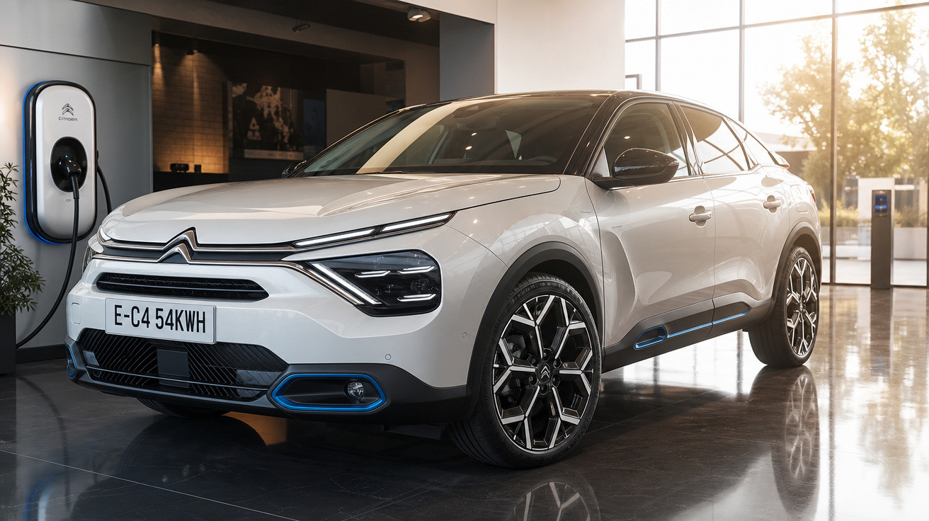Carro elétrico Citroën E-C4 branco exibido em showroom moderno com parede de vidro e carregador elétrico.