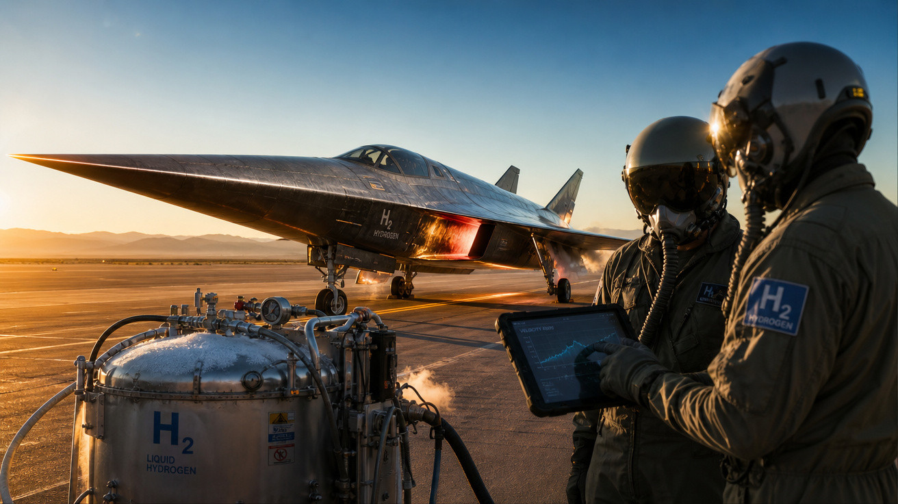 Aeronave futurista com propulsão a hidrogênio em pista, com dois pilotos usando capacetes e tablet.