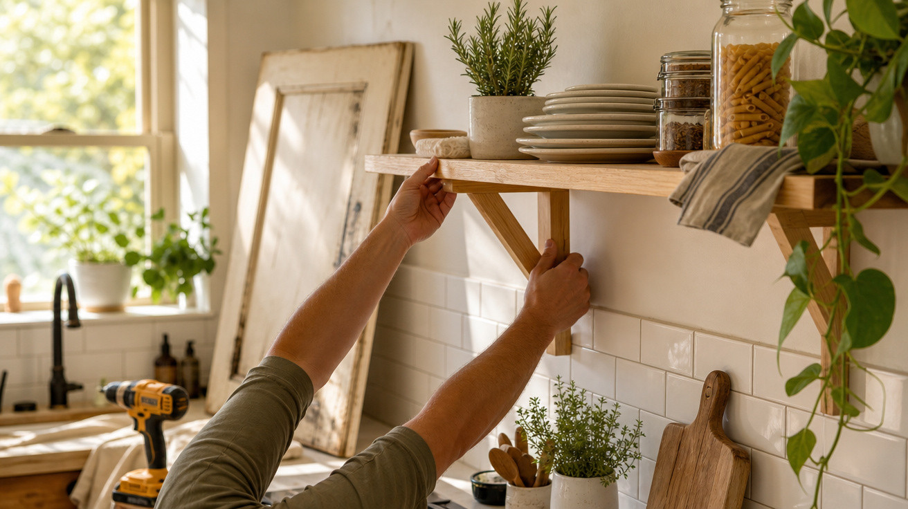 Pessoa instalando prateleira de madeira na cozinha com utensílios, plantas e tomada ao fundo.