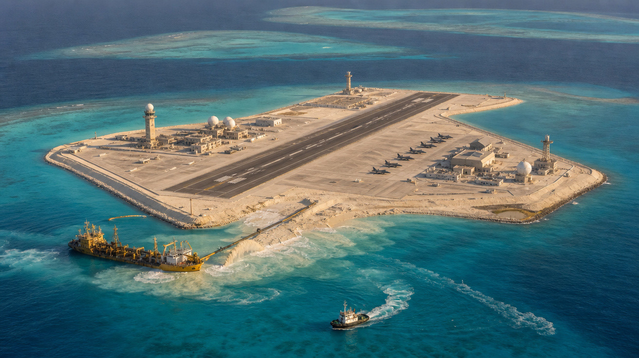 Ilha artificial com pista de pouso militar cercada por mar azul e dois navios na água.