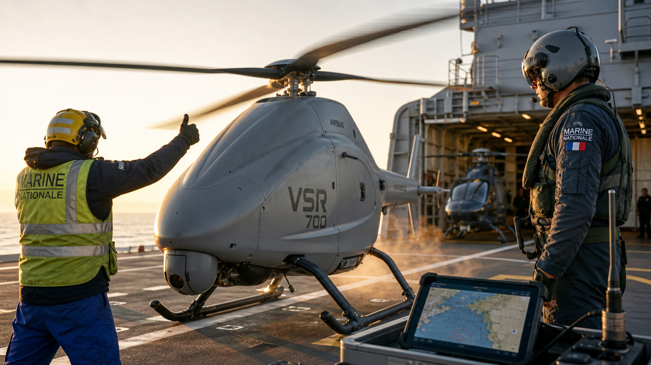 Duas pessoas da Marinha em operação com helicóptero não tripulado VSR 700 em navio ao pôr do sol.