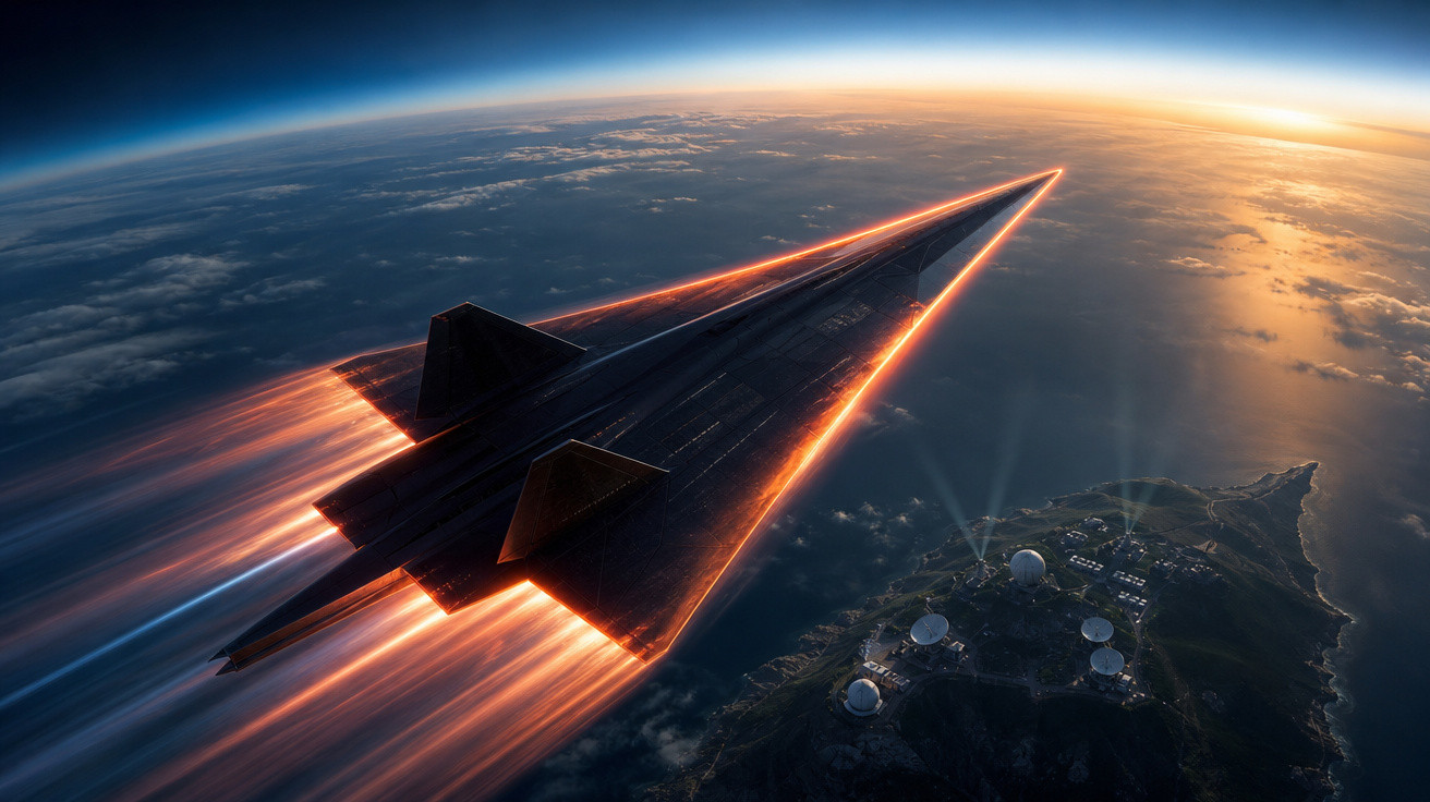 Aeronave futurista preta voando em alta velocidade acima da Terra com luzes brilhantes e um pôr do sol ao fundo.