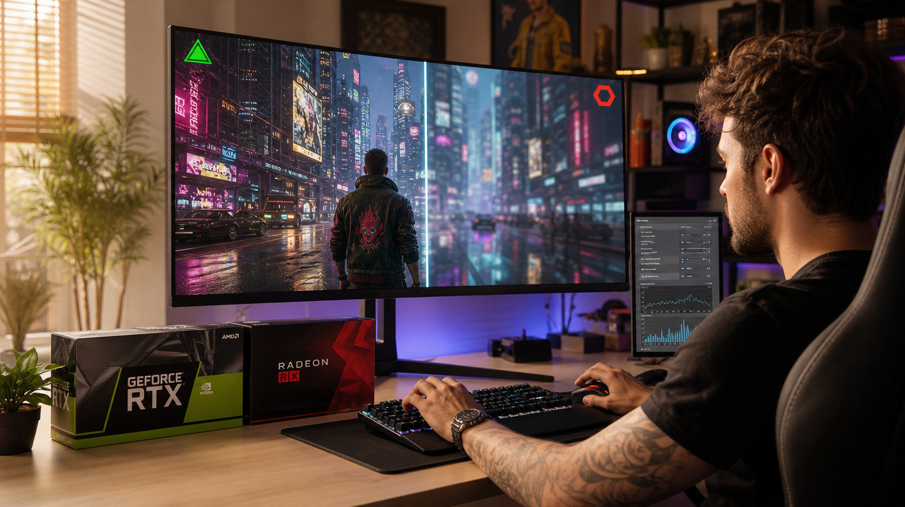 Homem jogando videogame em computador com monitor ultrawide e caixas de placas de vídeo GeForce RTX e Radeon na mesa.
