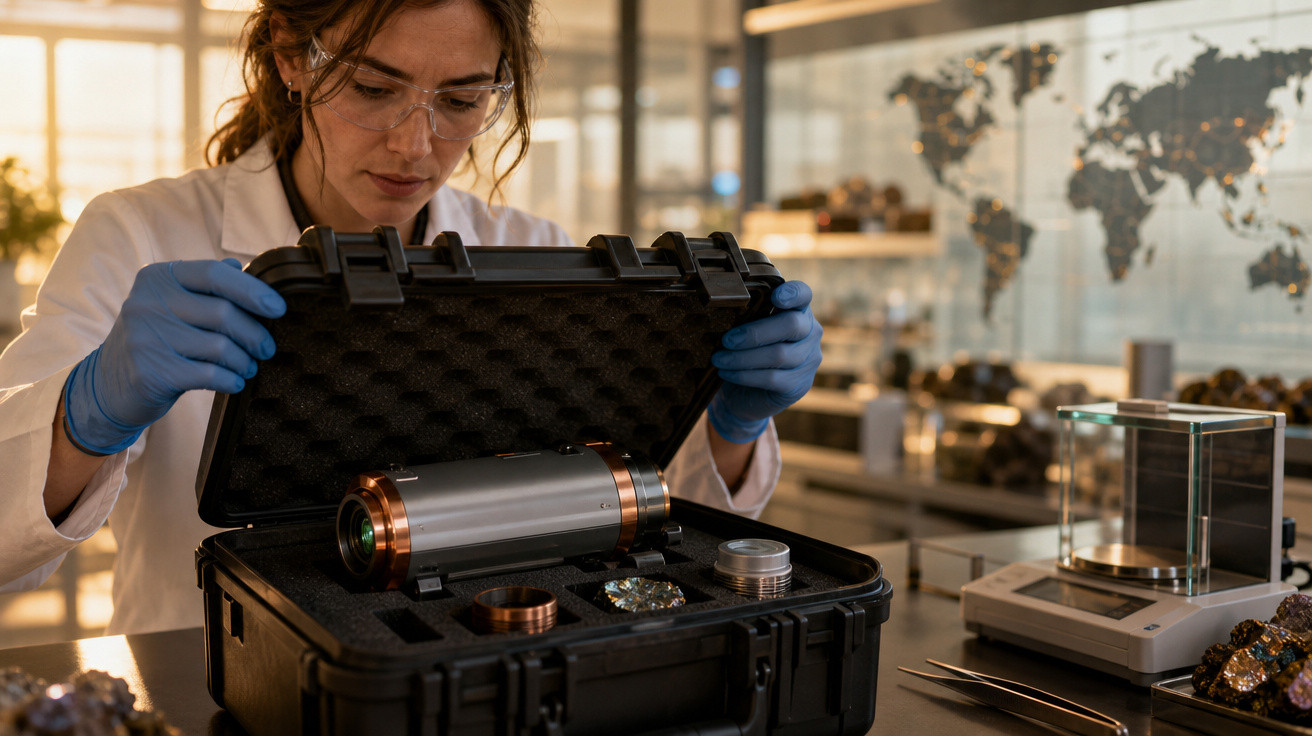 Mulher cientista com jaleco e luvas abrindo estojo com equipamentos em laboratório moderno.