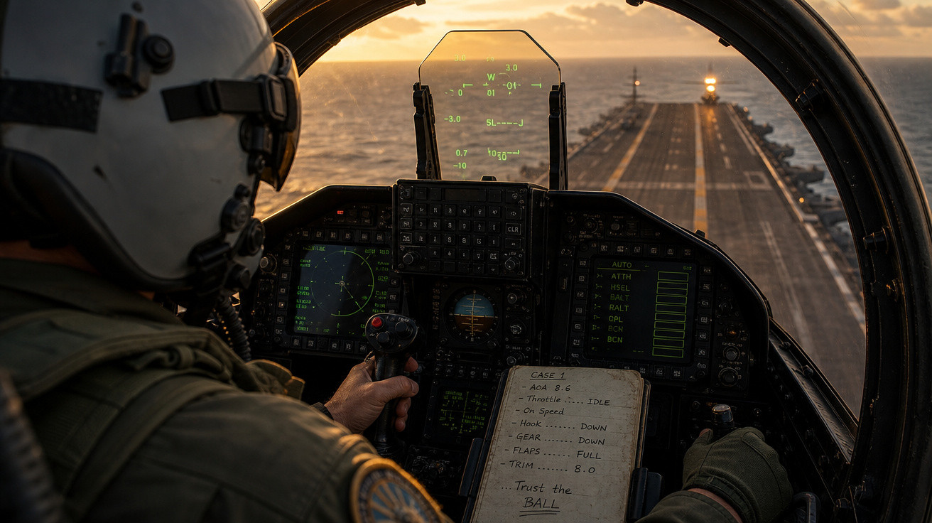 Piloto militar dentro de cockpit de caça se aproximando de porta-aviões ao pôr do sol no mar.